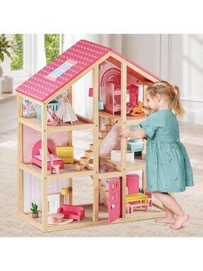 Charming Wooden Dollhouse for Girls - 6 Room Playset, Perfect for Imaginative